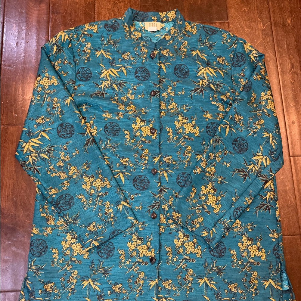 Vintage TEDDI Teal Asian-Mandarin Floral Inspired Button Up Blouse Chico Size XL
